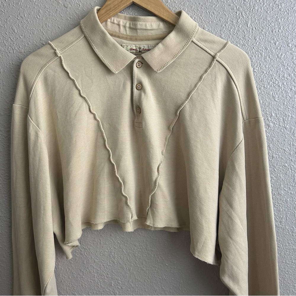 Tommy Bahama Cream Cropped Long Sleeve Polo